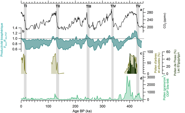 Evolution de la productivité biosphérique au cours des 445 000 dernières années. a) Courbe de CO2 composite (Bereiter et coll., 2015). b) Reconstitution du rapport de productivité biosphérique entre un temps t donné et la période préindustrielle, calculée à partir des données de Δ17O de O2. c) Enregistrement de pollen d’arbres, d’arbustes et de Picea dans le lac El’Gygytgyn, en Sibérie (Melles et coll., 2012). d) Enregistrement de pollen dans la carotte sédimentaire marine ODP Site 646 au sud du Groenland (De Vernal et Hillaire-Marcel, 2008)
